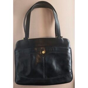 Lou Taylor Vintage Black Leather Shoulder Bag Gold Logo Coin Purse Mirror